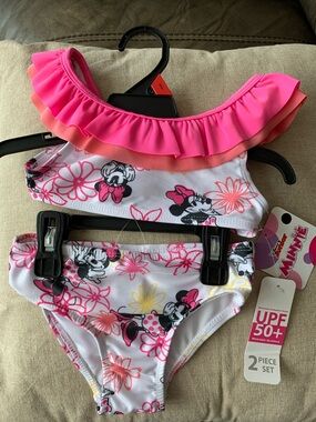 Disney Minnie Mouse Pink & White Floral Ruffle Two-Piece Swim Set